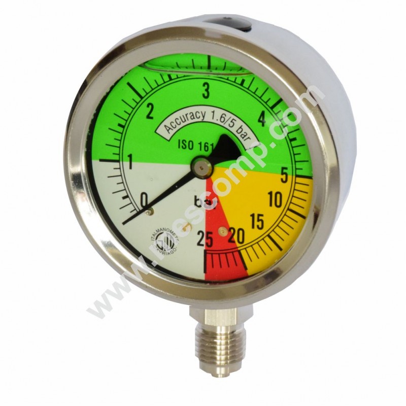 Glyzerin-Manometer für Sprühgerät, logarithmisch, 5/25 Bar, Ø 63 mm, Anschluss unten, Edelstahl
