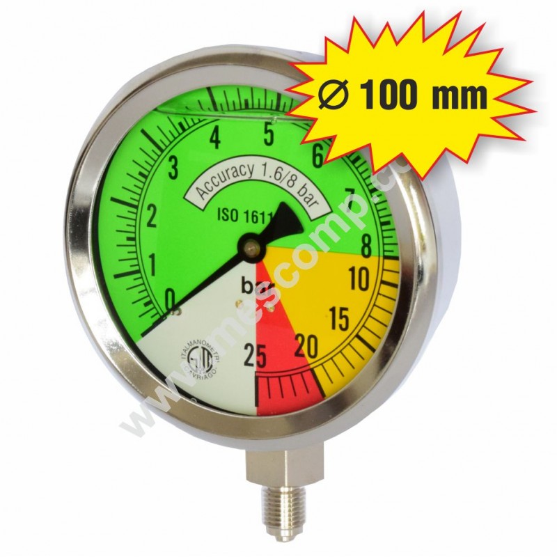 Glyzerin-Manometer für Sprühgerät, logarithmisch, 8/25 Bar, Ø 100 mm, Anschluss unten, Edelstahl