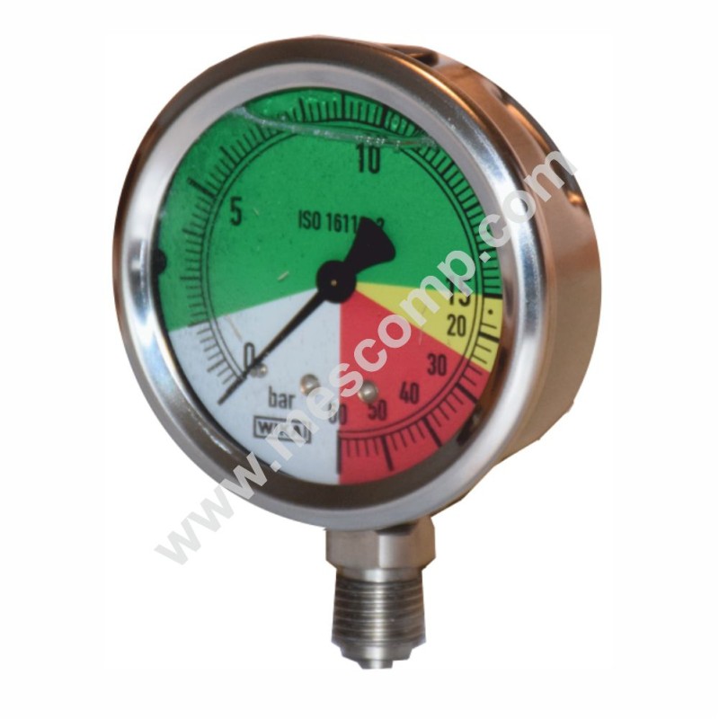 Glyzerin-Manometer für Sprühgerät, logarithmisch, 15/60 Bar, Ø 63 mm, Anschluss unten, Edelstahl