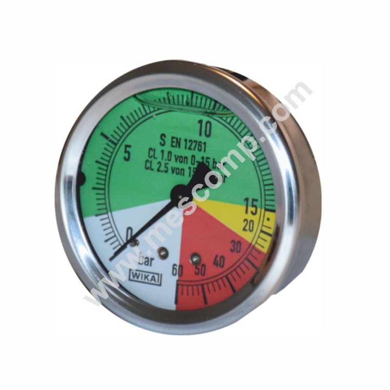 Glyzerin-Manometer für Sprühgerät, logarithmisch, 15/60 Bar, Ø 63 mm, Anschluss hinten, Edelstahl